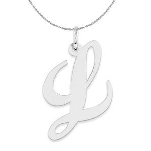Silver, Ella Collection, LG Fancy Script Initial L Necklace - 18 In